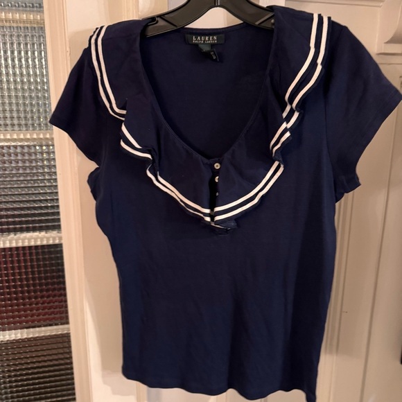 Lauren Ralph Lauren navy blue w/Ruffled V-Neck with white accents Size large - Picture 2 of 7